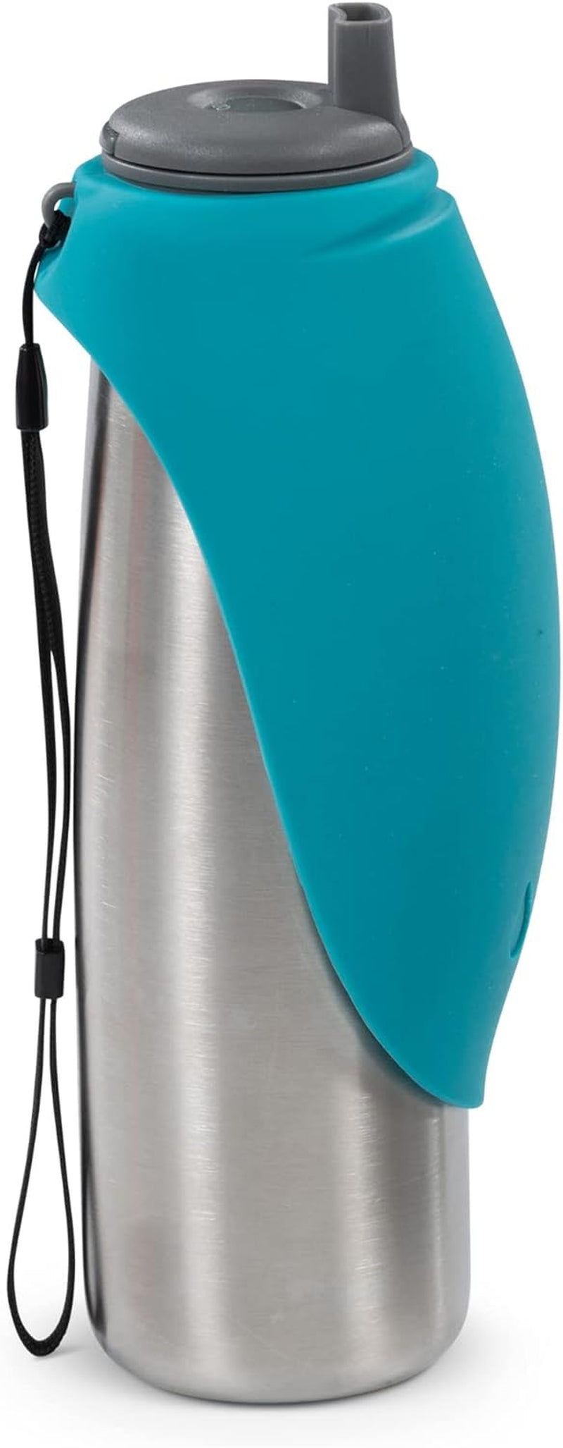Double Wall Vacuum Insulated Stainless Steel Travel Water Bottle with Silicone Flip up Bowl | Pet Travel Necessity | Camping, Hiking, Walking Accessory | 20 Oz / 600Ml | Blue