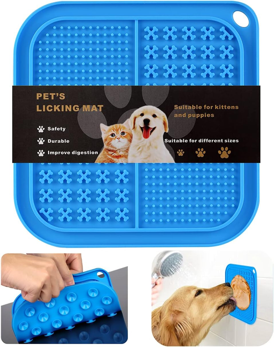 Lick Mat for Dogs & Cats, Slow Feeder Dog Bowls with 40 Suctions, Anxiety Reducer, Bpa-Free Silicone, Blue